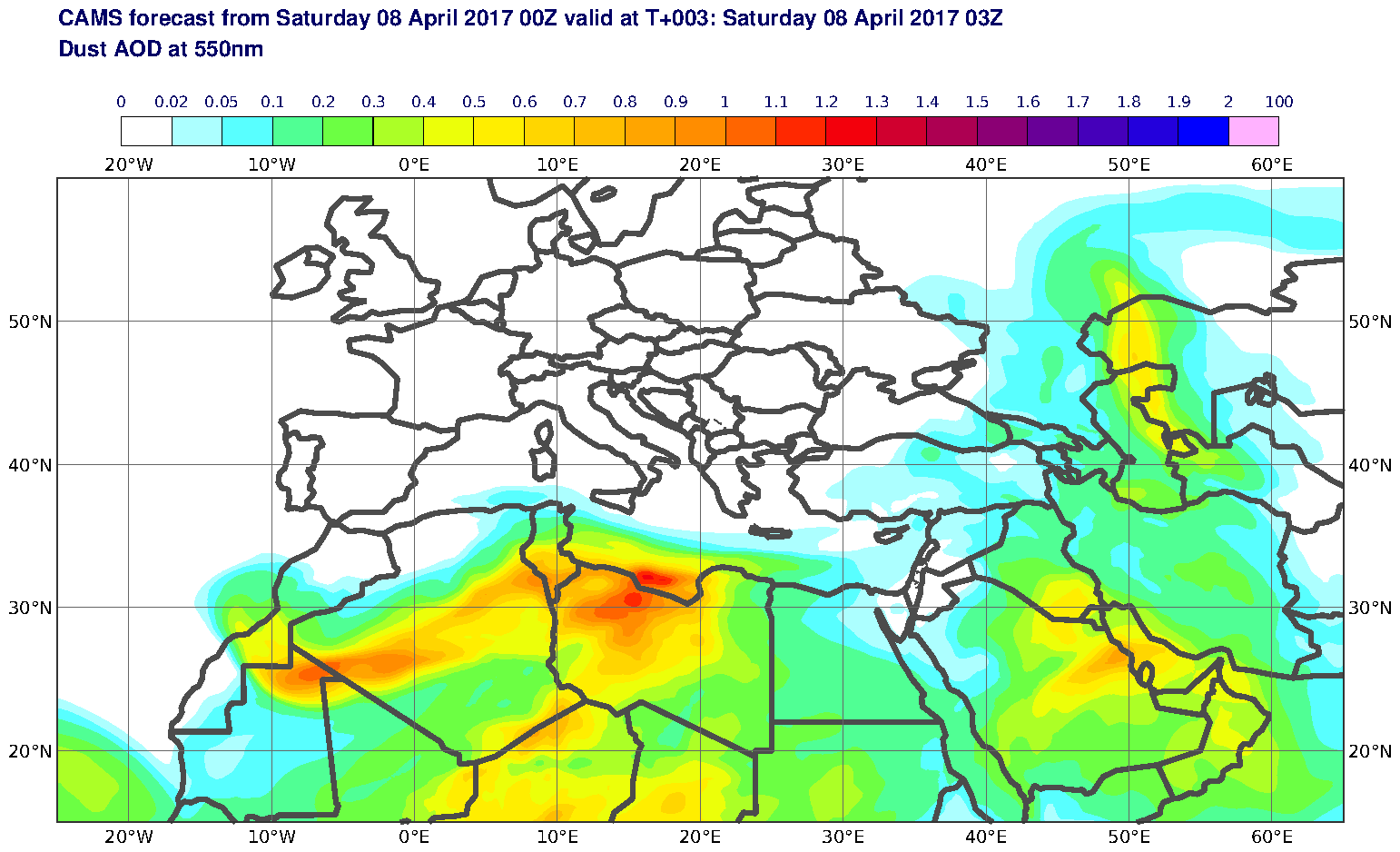 Dust AOD at 550nm valid at T3 - 2017-04-08 03:00
