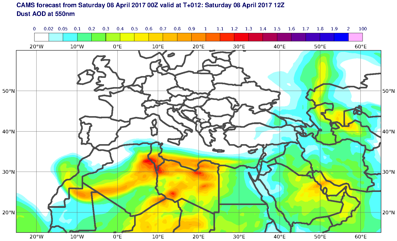 Dust AOD at 550nm valid at T12 - 2017-04-08 12:00