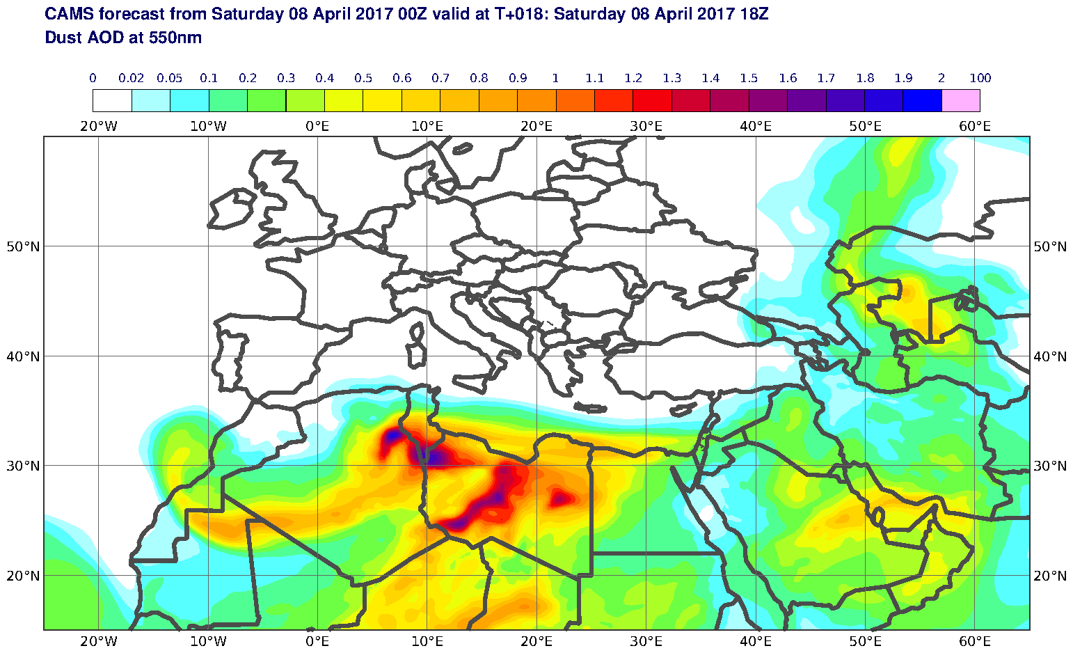 Dust AOD at 550nm valid at T18 - 2017-04-08 18:00