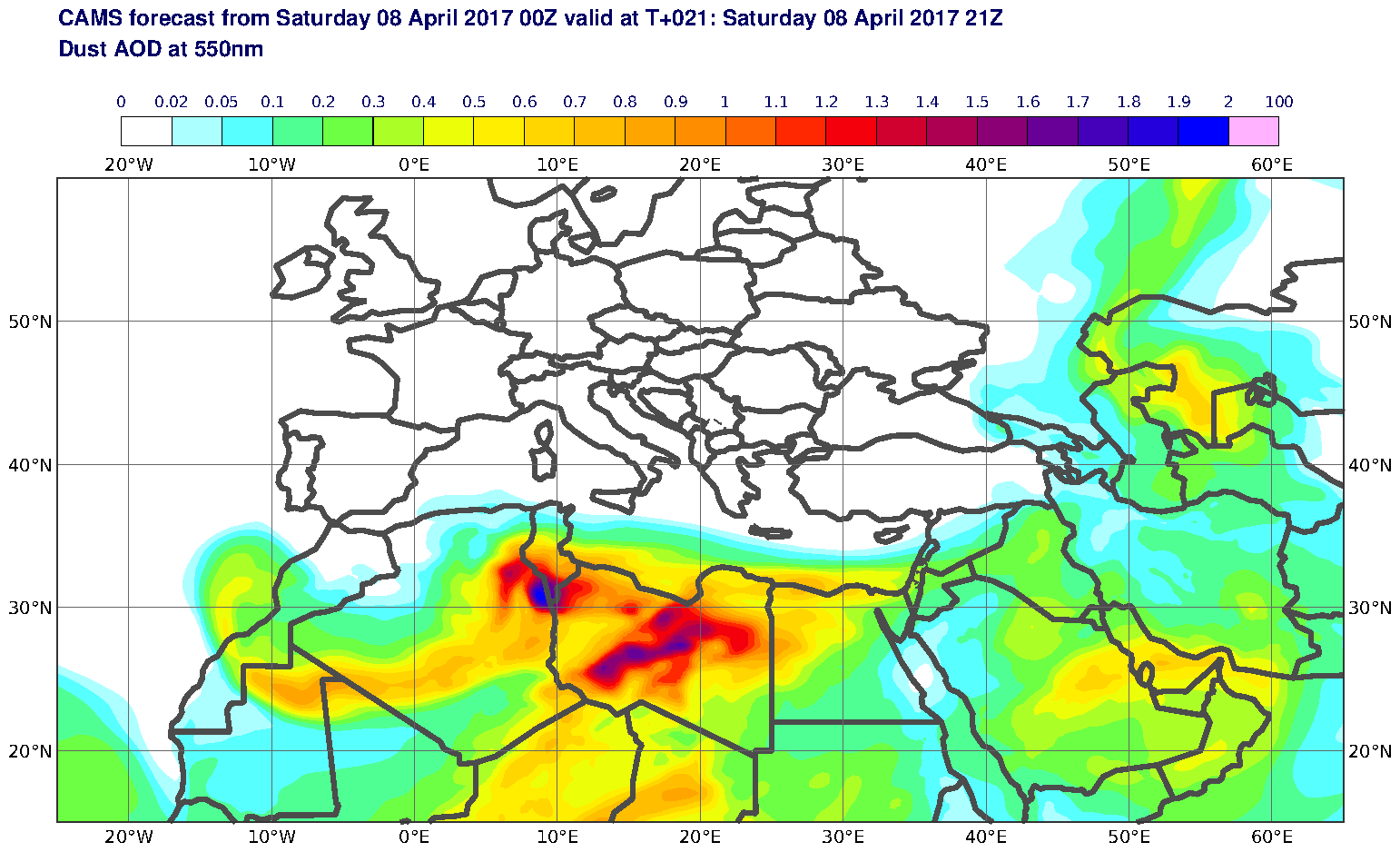 Dust AOD at 550nm valid at T21 - 2017-04-08 21:00