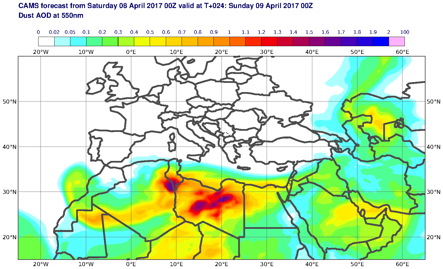 Dust AOD at 550nm valid at T24 - 2017-04-09 00:00