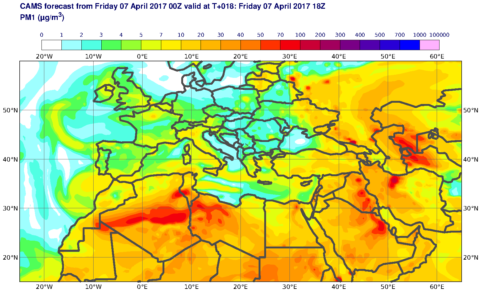 PM1 (μg/m3) valid at T18 - 2017-04-07 18:00