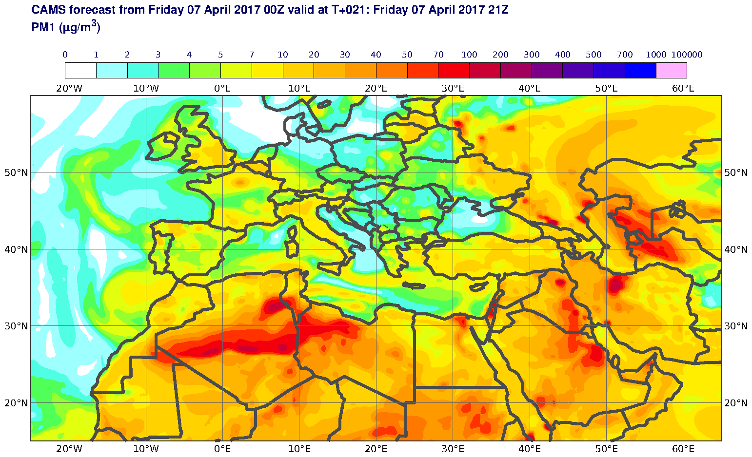 PM1 (μg/m3) valid at T21 - 2017-04-07 21:00