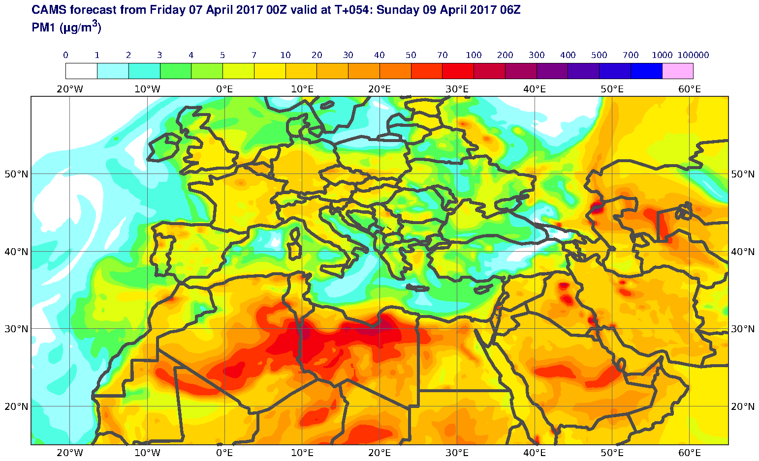 PM1 (μg/m3) valid at T54 - 2017-04-09 06:00