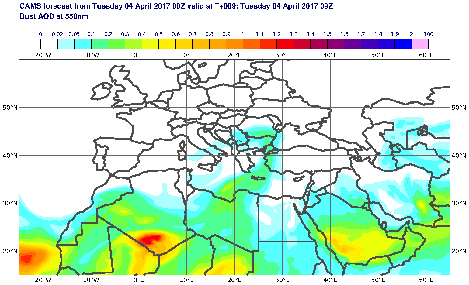 Dust AOD at 550nm valid at T9 - 2017-04-04 09:00