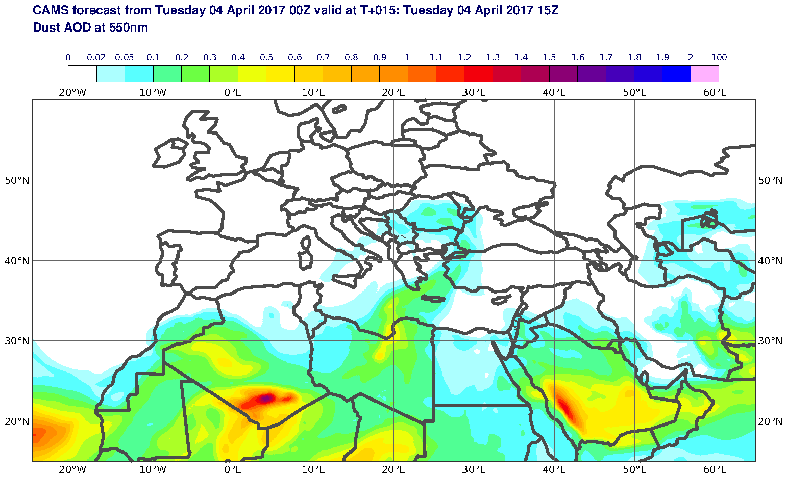 Dust AOD at 550nm valid at T15 - 2017-04-04 15:00