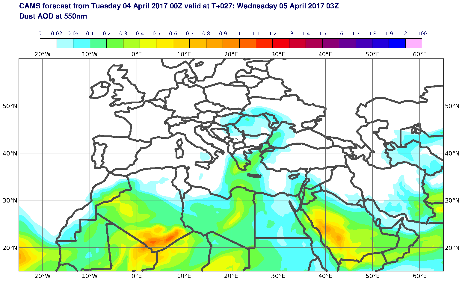 Dust AOD at 550nm valid at T27 - 2017-04-05 03:00