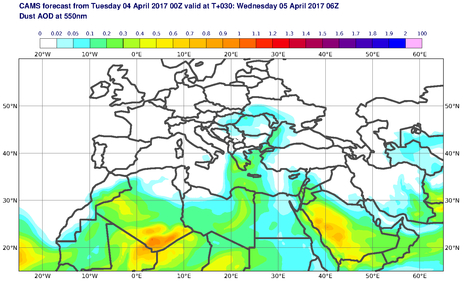 Dust AOD at 550nm valid at T30 - 2017-04-05 06:00