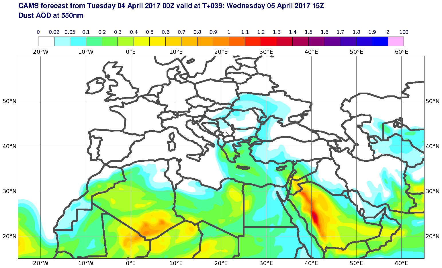 Dust AOD at 550nm valid at T39 - 2017-04-05 15:00