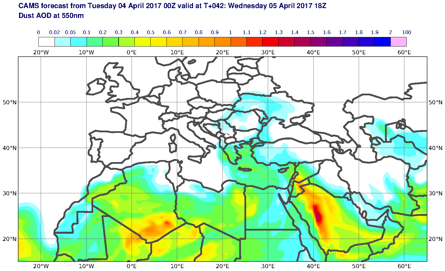 Dust AOD at 550nm valid at T42 - 2017-04-05 18:00