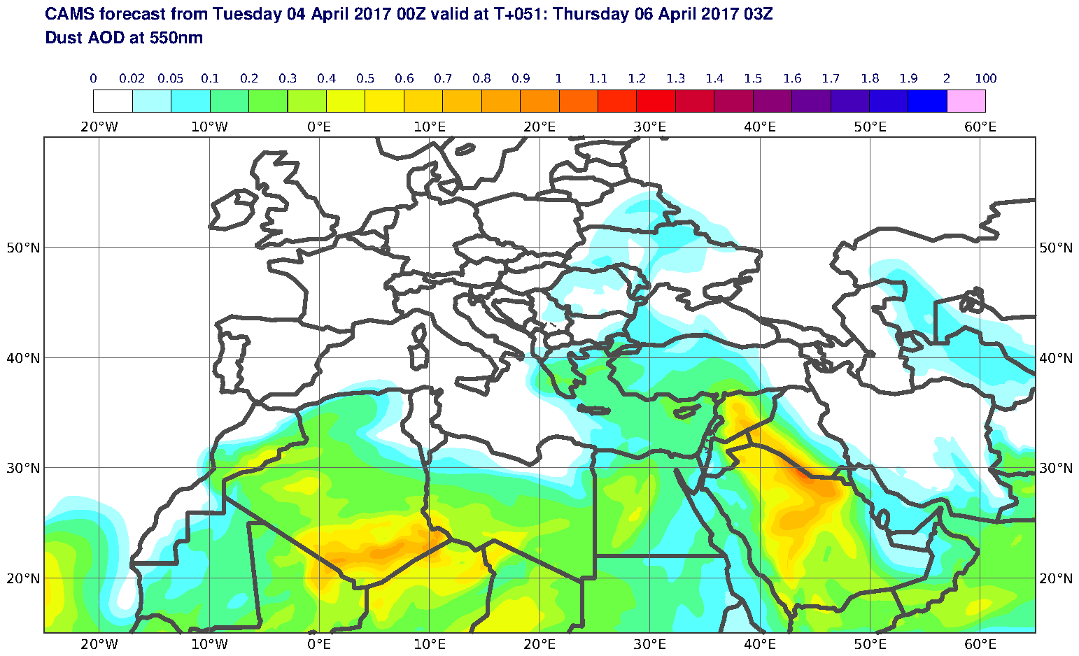 Dust AOD at 550nm valid at T51 - 2017-04-06 03:00