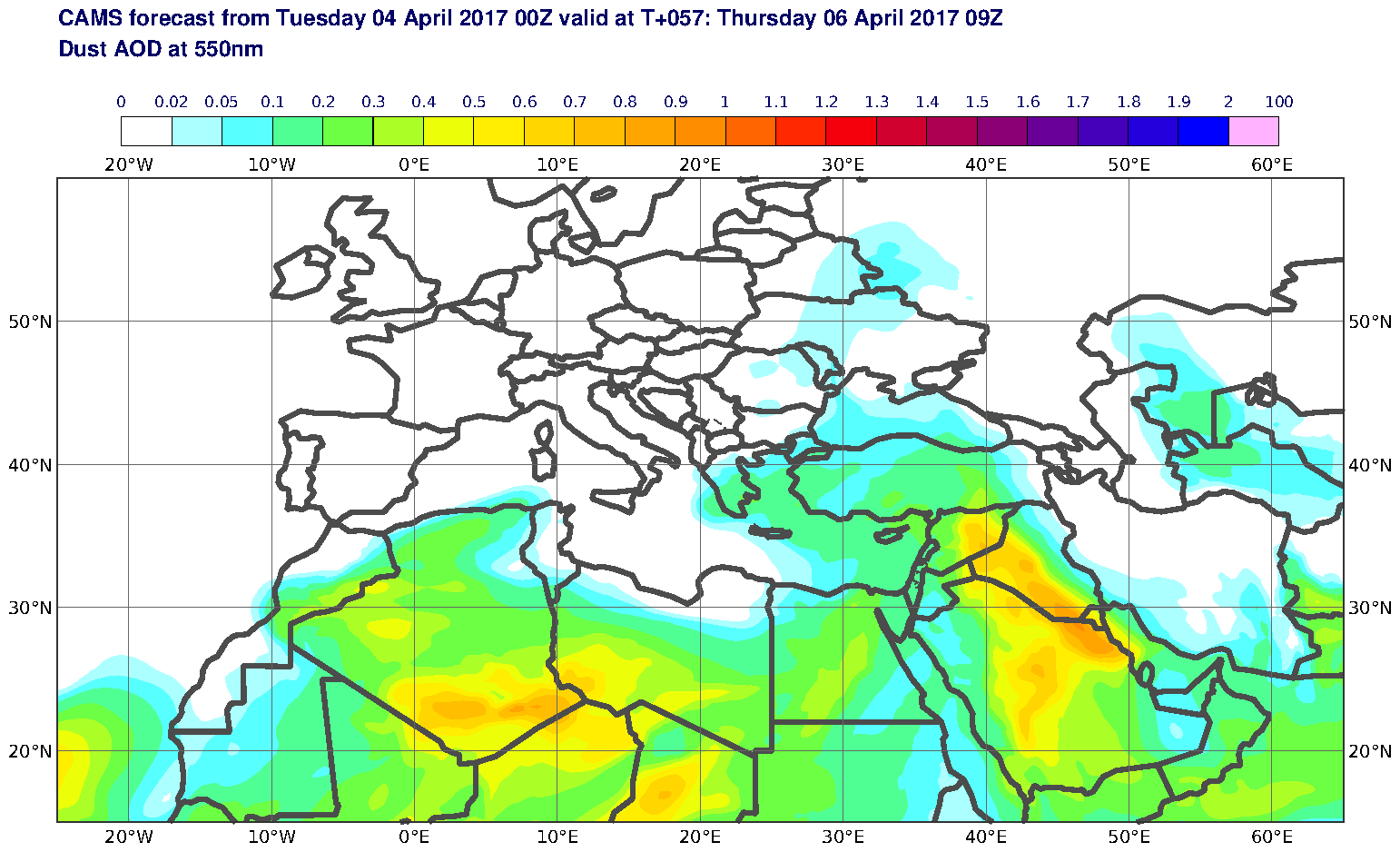 Dust AOD at 550nm valid at T57 - 2017-04-06 09:00