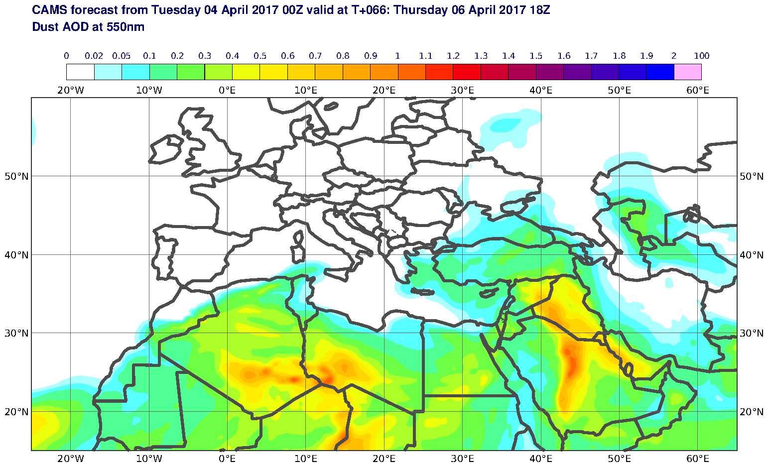 Dust AOD at 550nm valid at T66 - 2017-04-06 18:00