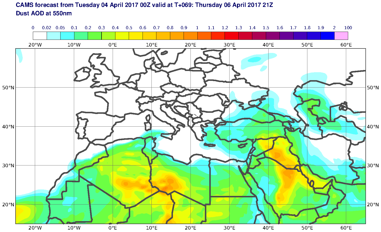 Dust AOD at 550nm valid at T69 - 2017-04-06 21:00