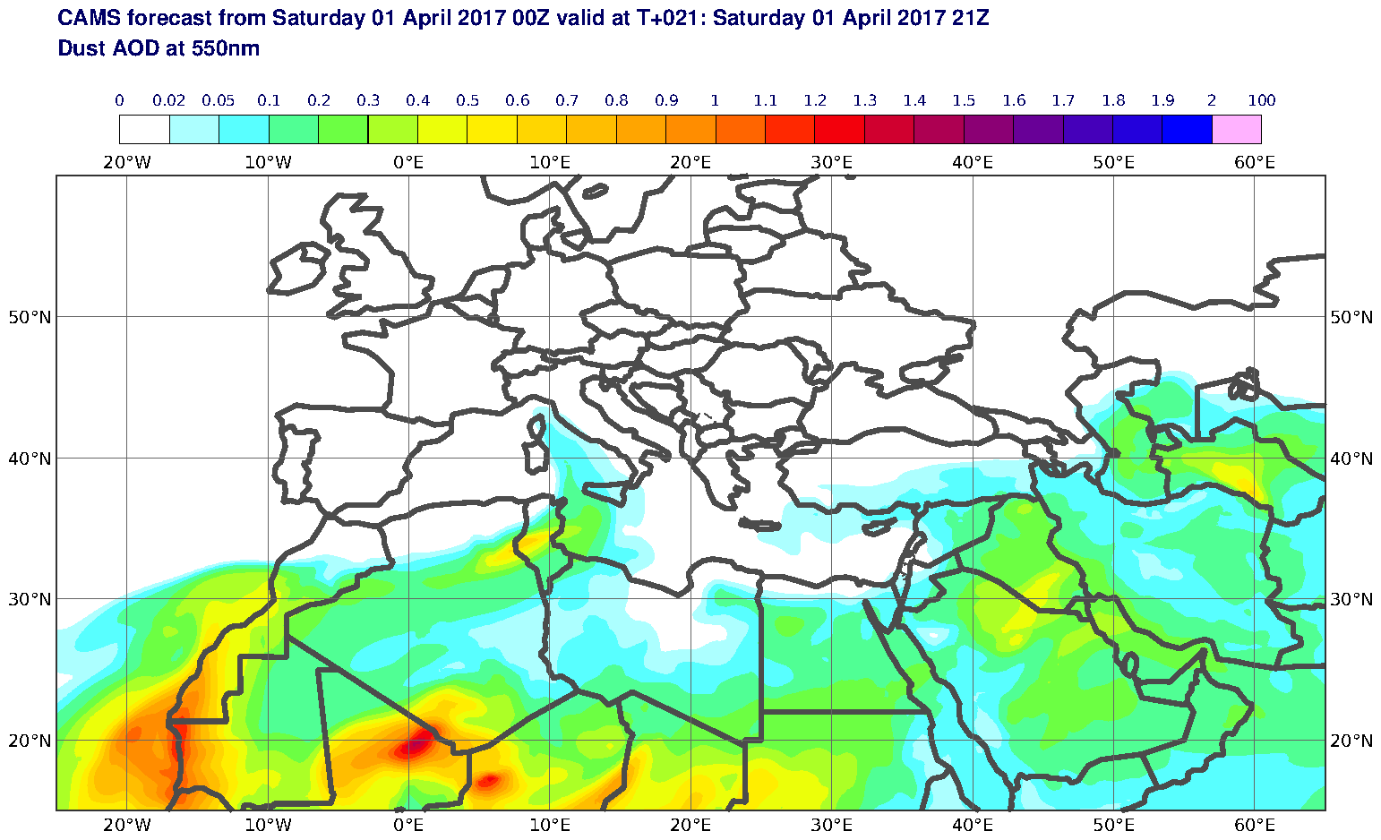 Dust AOD at 550nm valid at T21 - 2017-04-01 21:00