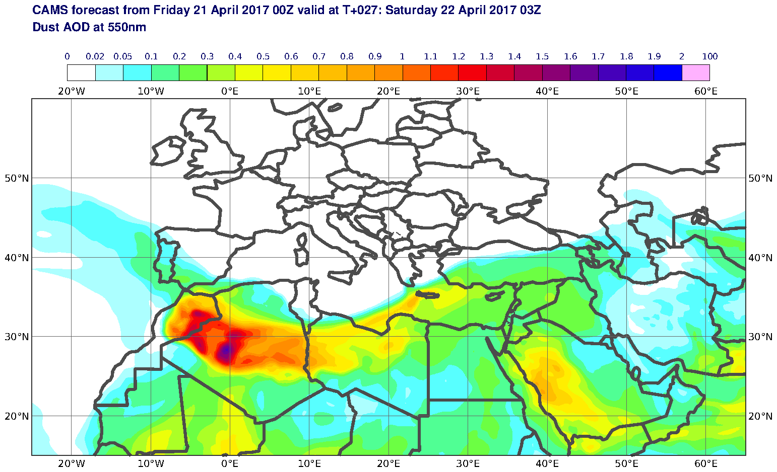 Dust AOD at 550nm valid at T27 - 2017-04-22 03:00