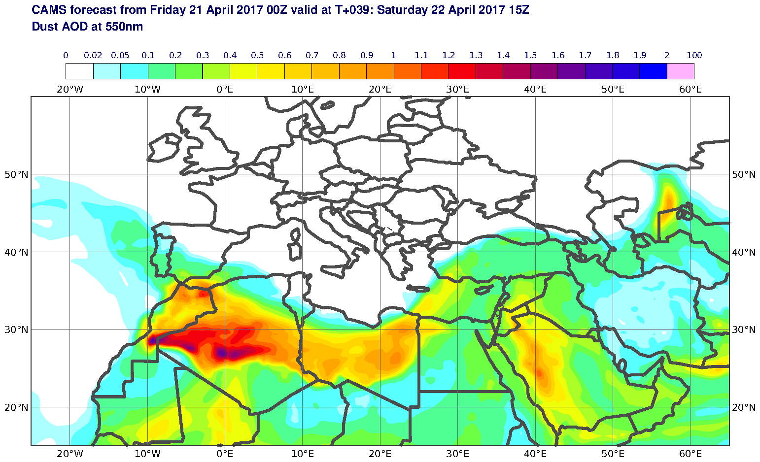 Dust AOD at 550nm valid at T39 - 2017-04-22 15:00