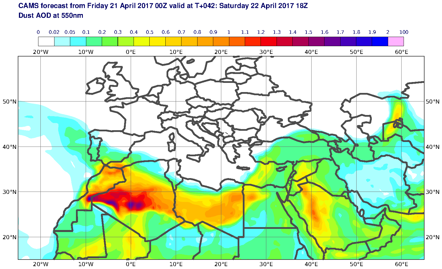 Dust AOD at 550nm valid at T42 - 2017-04-22 18:00