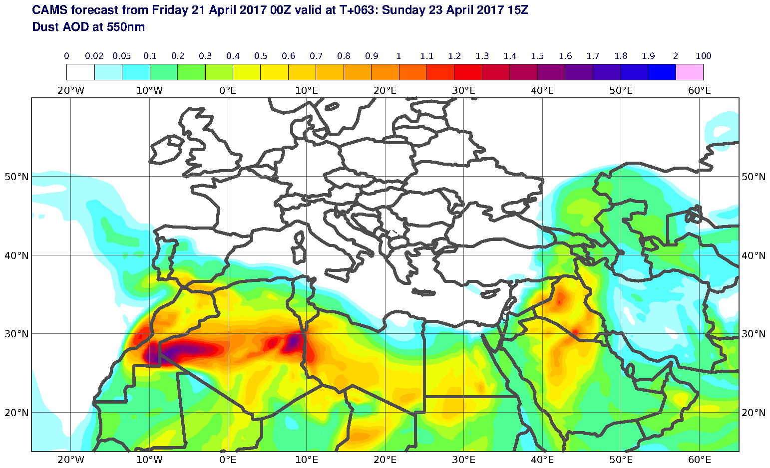 Dust AOD at 550nm valid at T63 - 2017-04-23 15:00