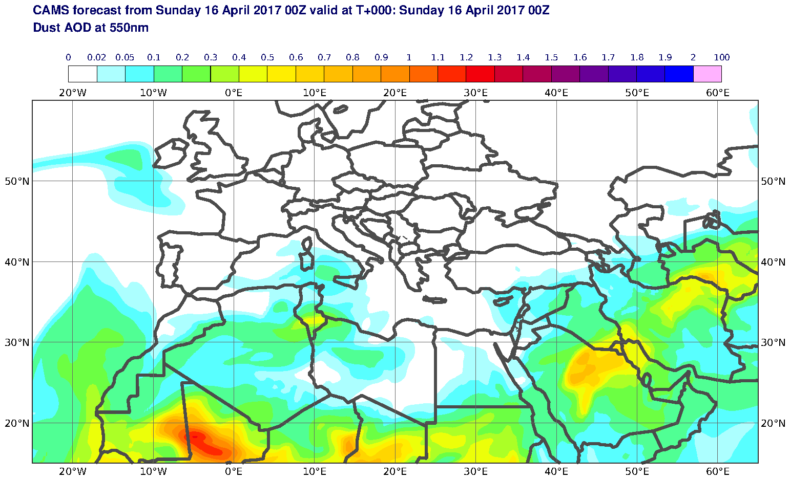 Dust AOD at 550nm valid at T0 - 2017-04-16 00:00