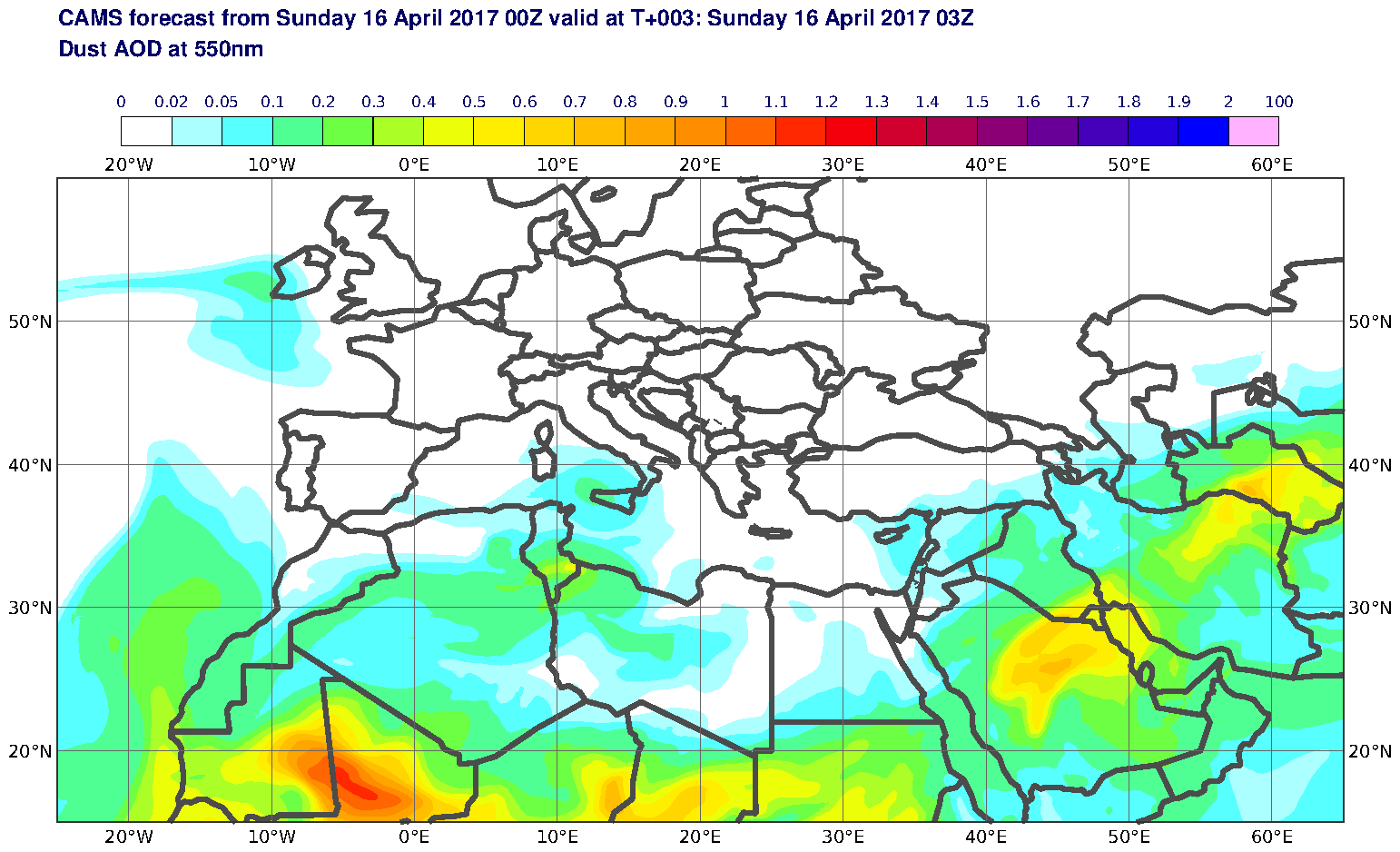 Dust AOD at 550nm valid at T3 - 2017-04-16 03:00