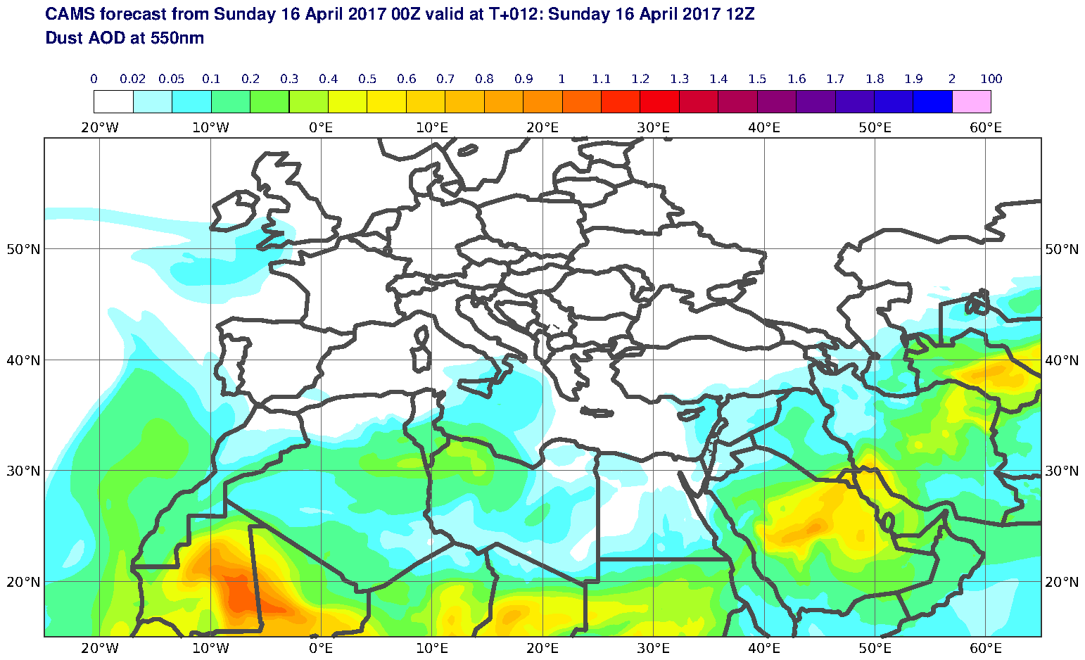 Dust AOD at 550nm valid at T12 - 2017-04-16 12:00