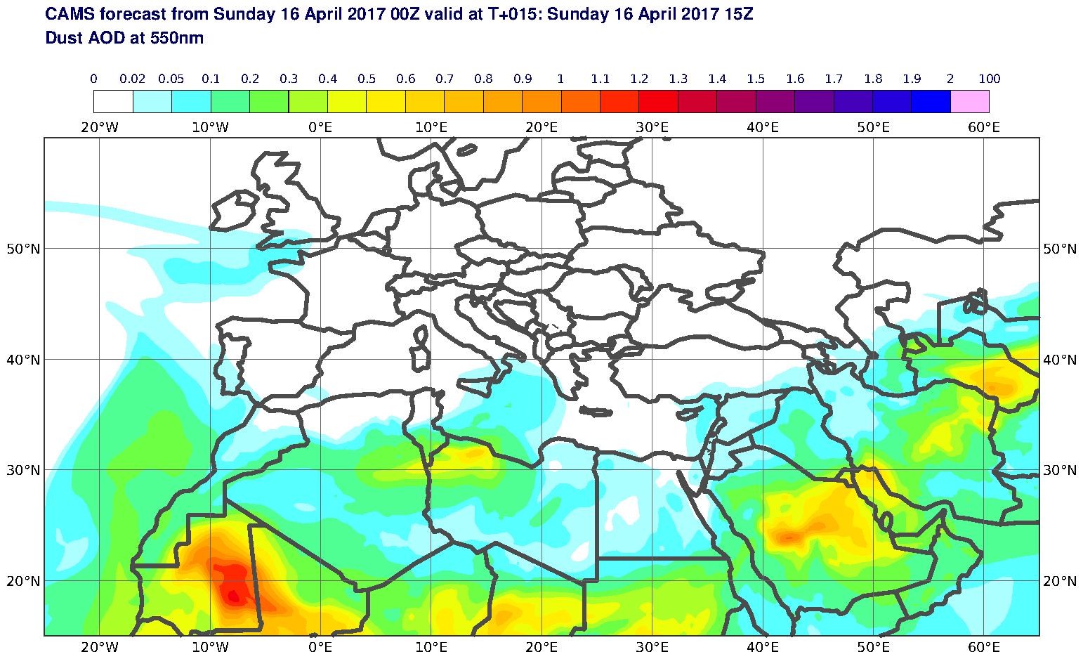 Dust AOD at 550nm valid at T15 - 2017-04-16 15:00