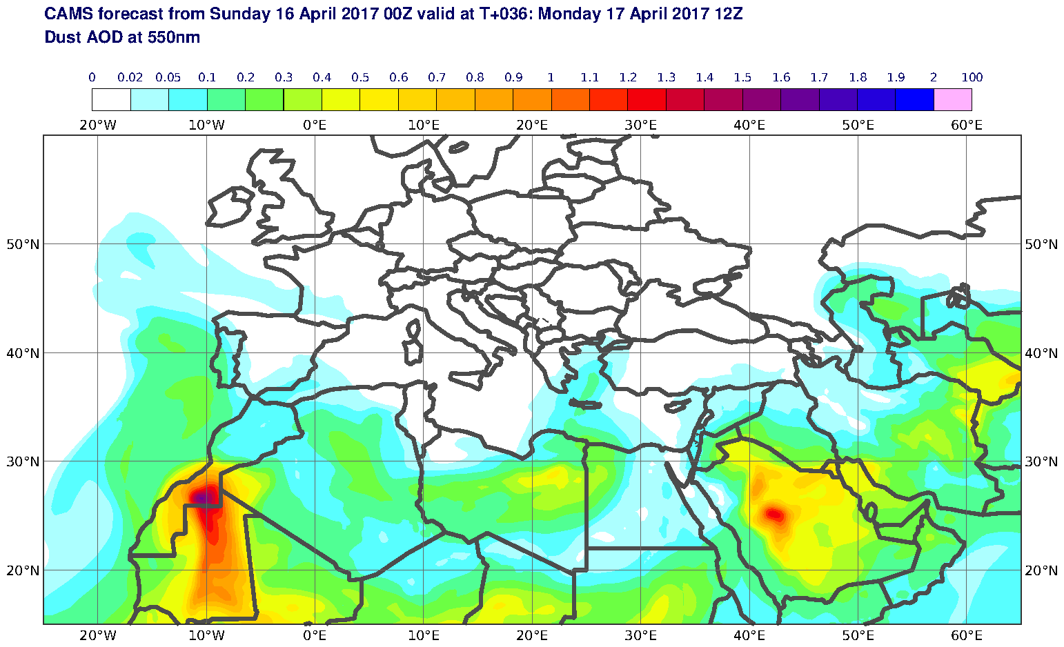 Dust AOD at 550nm valid at T36 - 2017-04-17 12:00