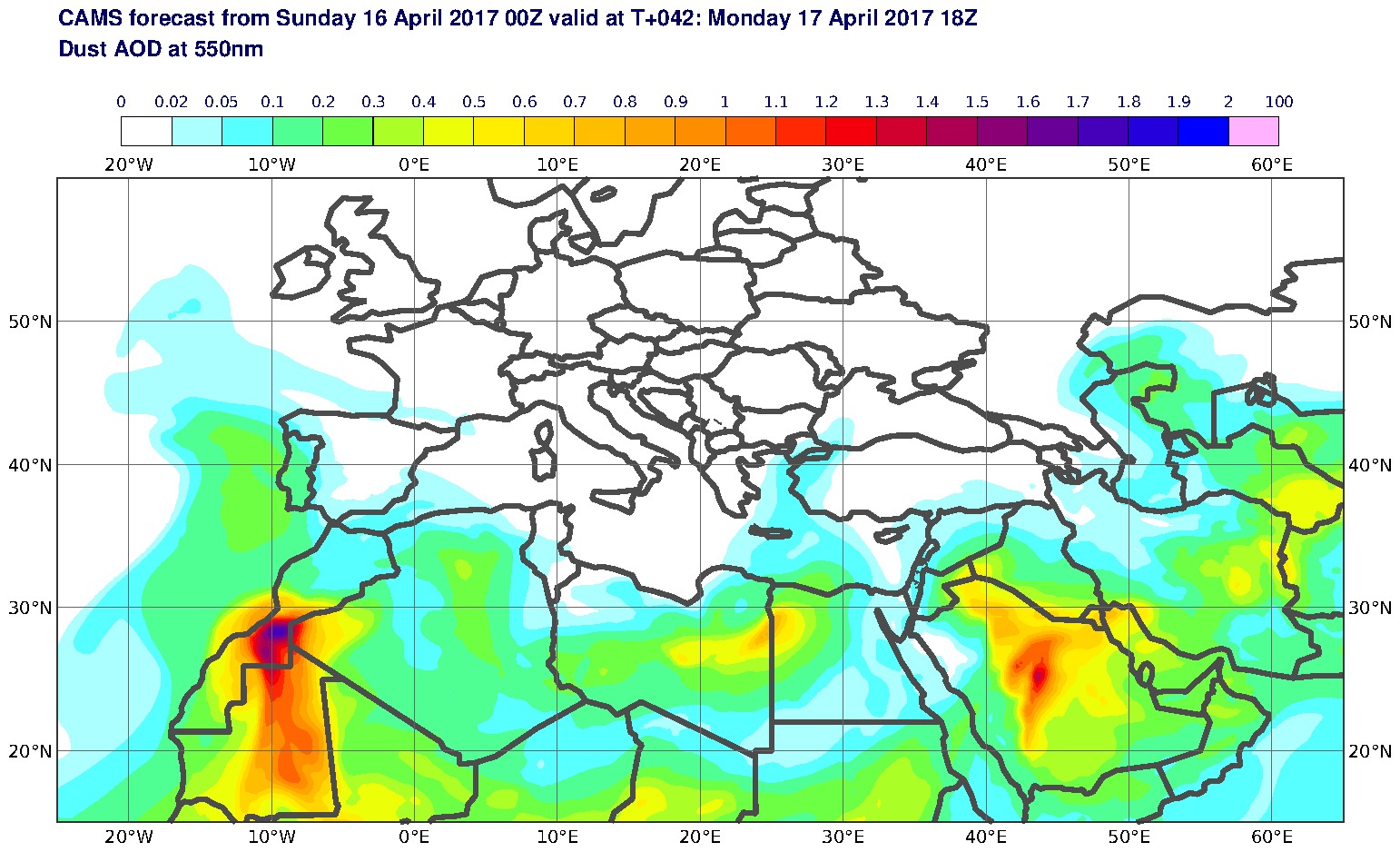 Dust AOD at 550nm valid at T42 - 2017-04-17 18:00