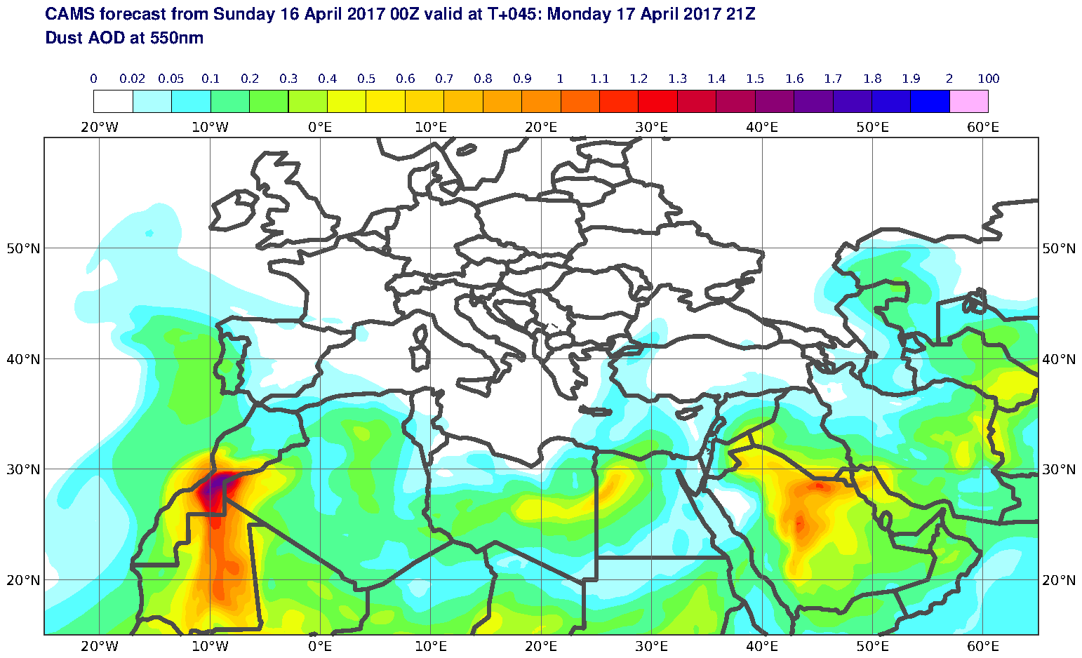 Dust AOD at 550nm valid at T45 - 2017-04-17 21:00