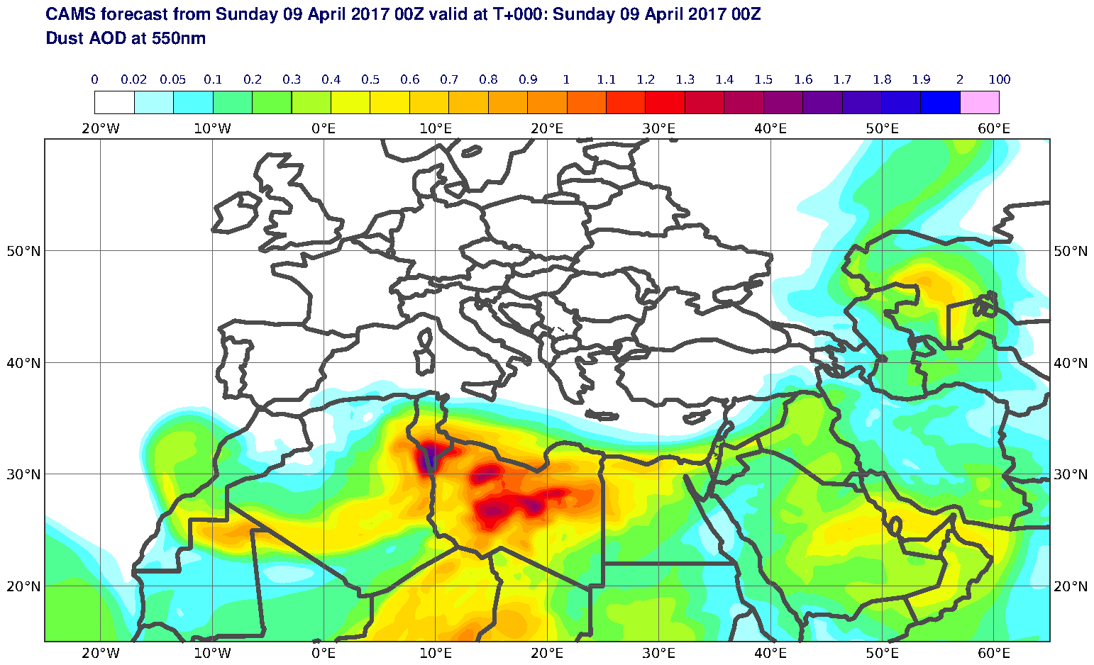 Dust AOD at 550nm valid at T0 - 2017-04-09 00:00