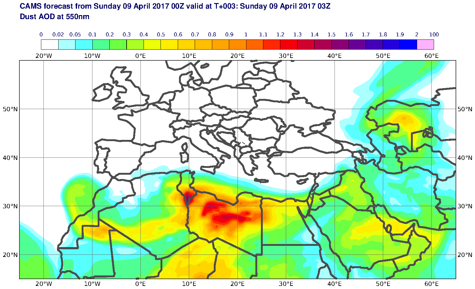 Dust AOD at 550nm valid at T3 - 2017-04-09 03:00