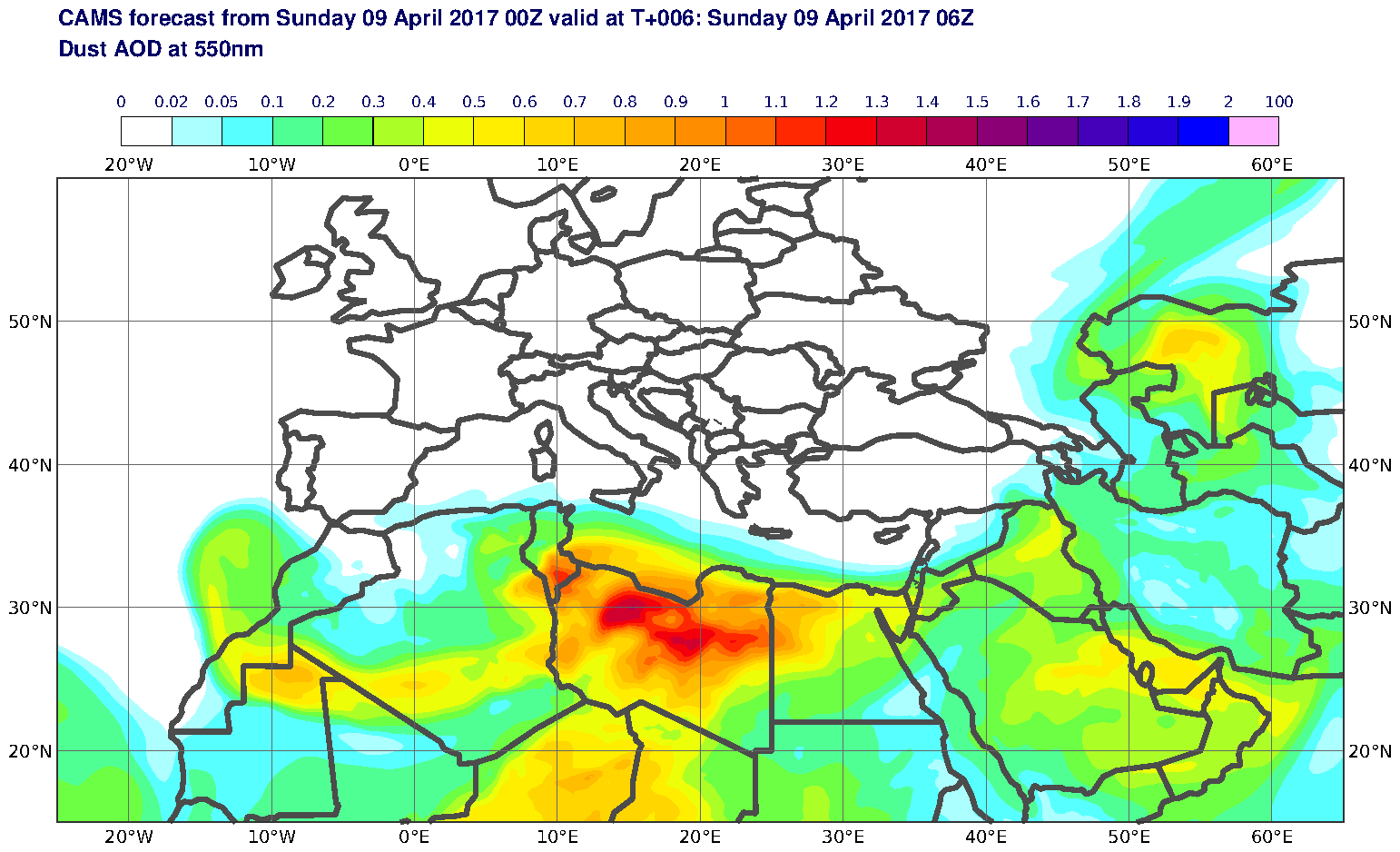 Dust AOD at 550nm valid at T6 - 2017-04-09 06:00