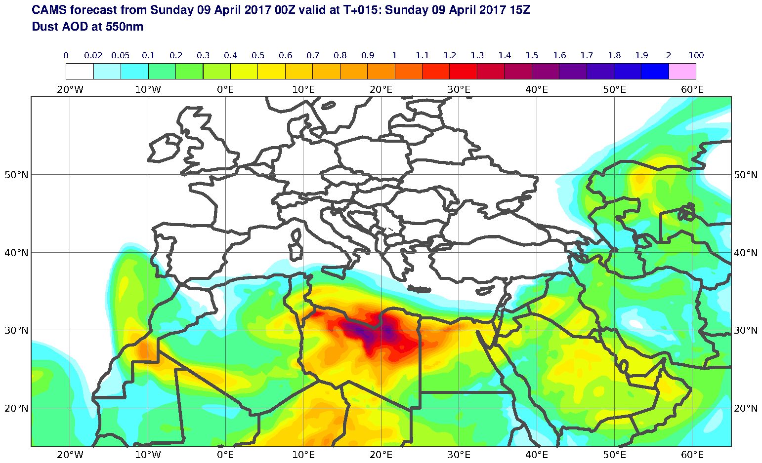 Dust AOD at 550nm valid at T15 - 2017-04-09 15:00
