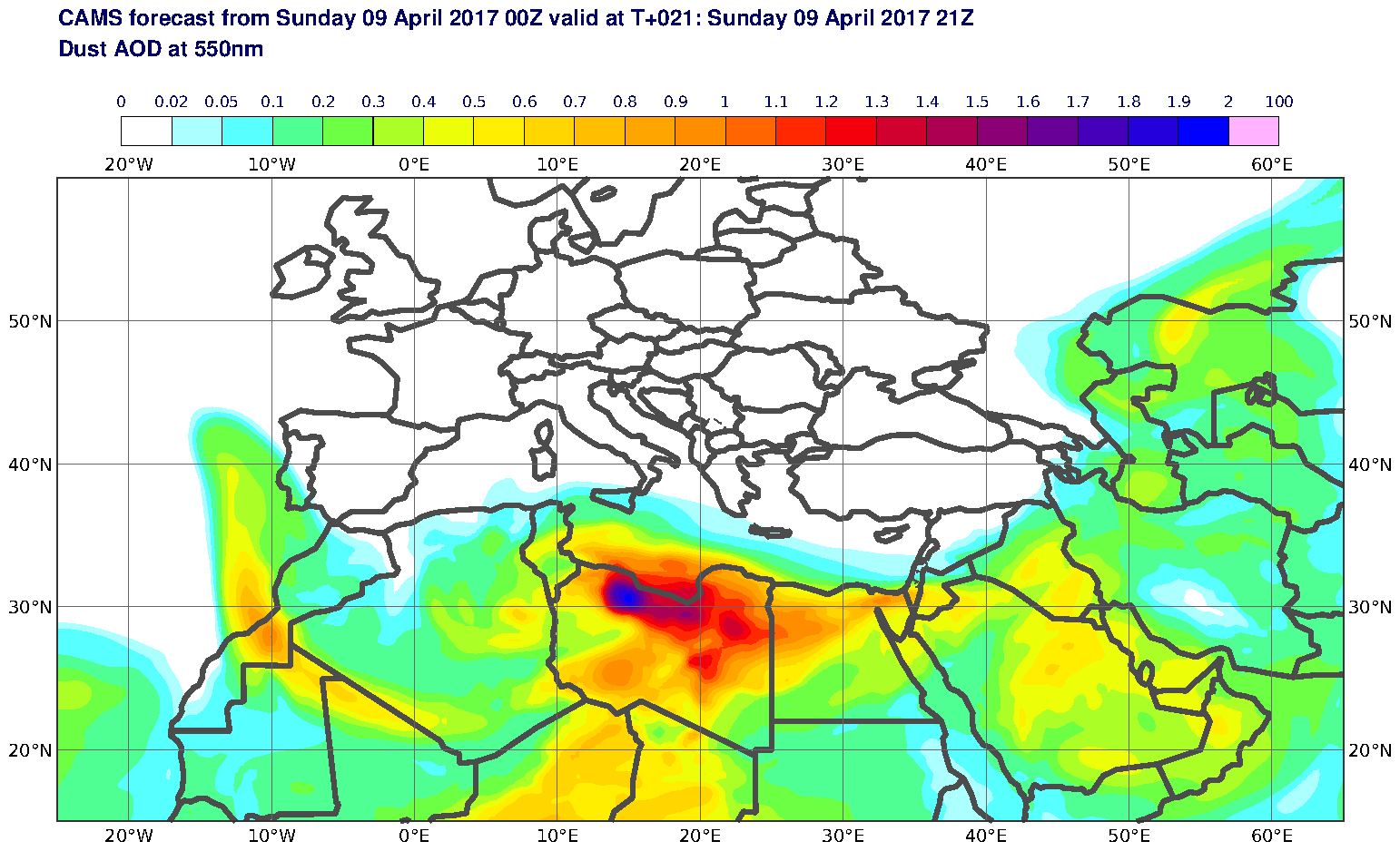 Dust AOD at 550nm valid at T21 - 2017-04-09 21:00