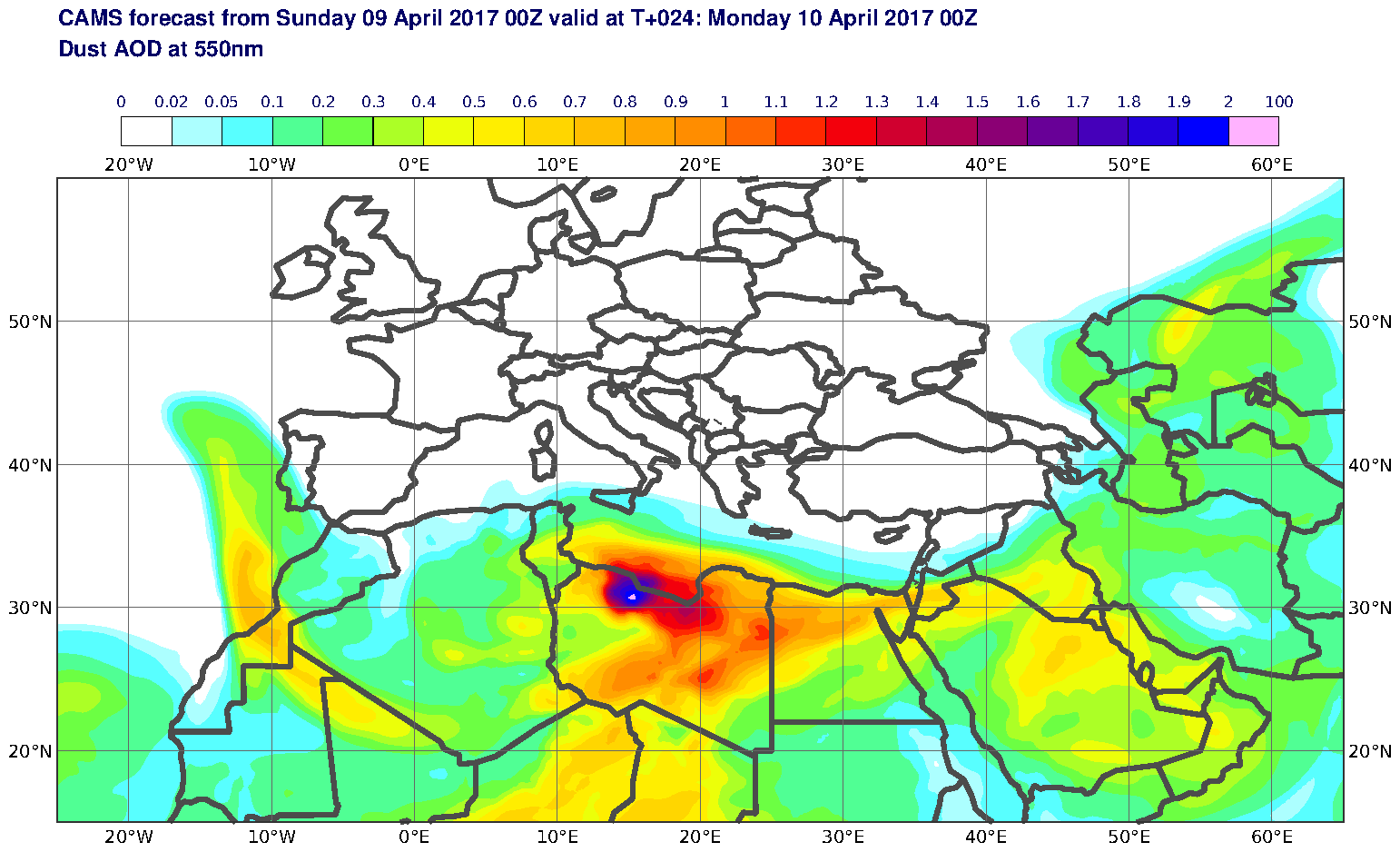 Dust AOD at 550nm valid at T24 - 2017-04-10 00:00