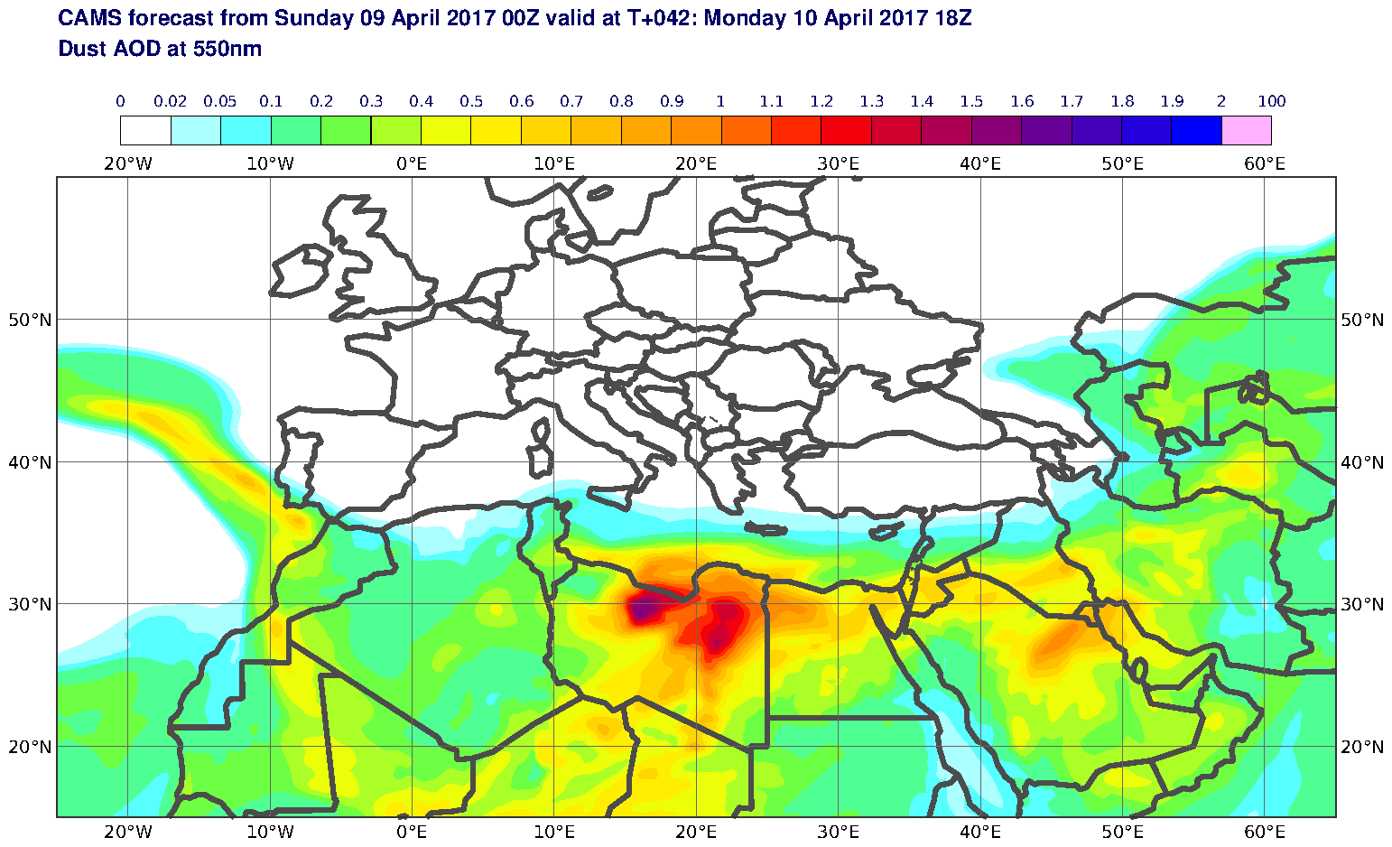 Dust AOD at 550nm valid at T42 - 2017-04-10 18:00