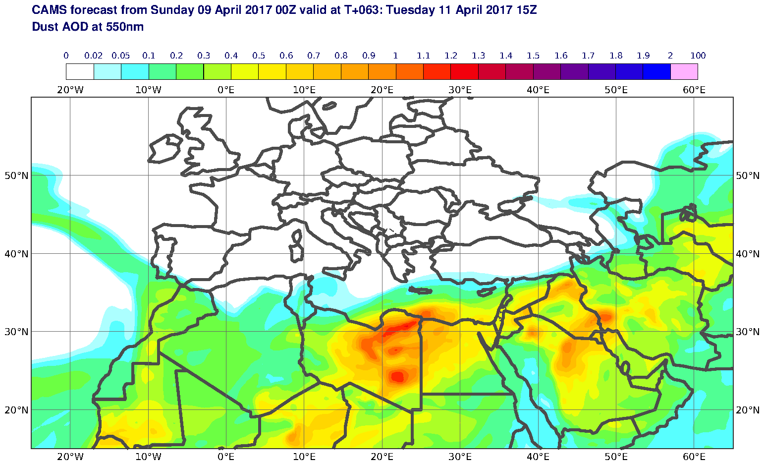 Dust AOD at 550nm valid at T63 - 2017-04-11 15:00