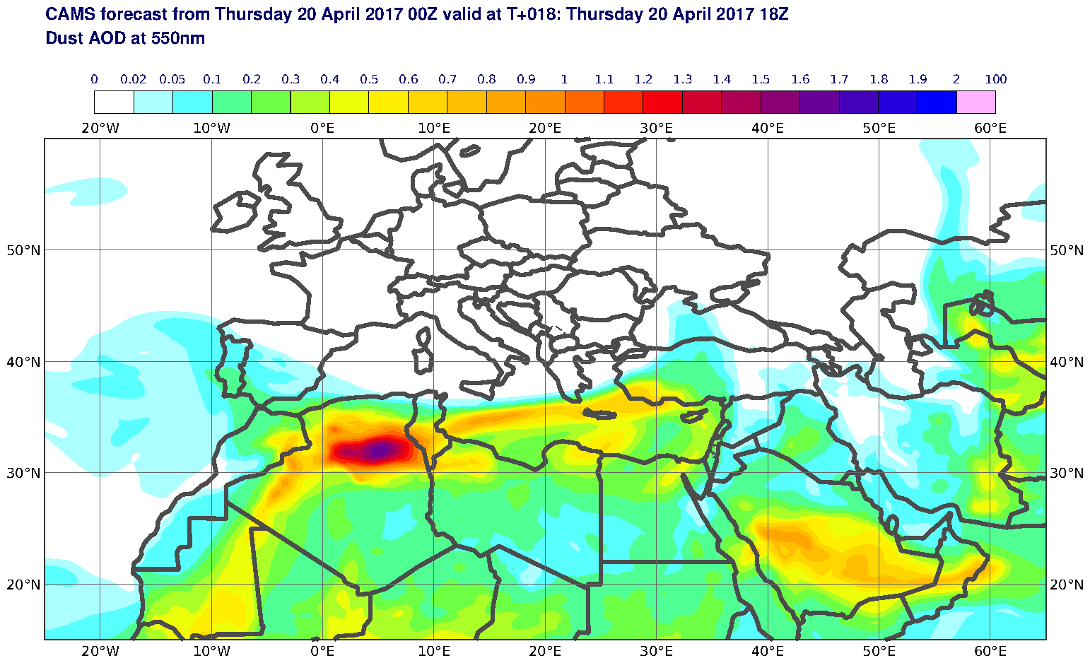 Dust AOD at 550nm valid at T18 - 2017-04-20 18:00