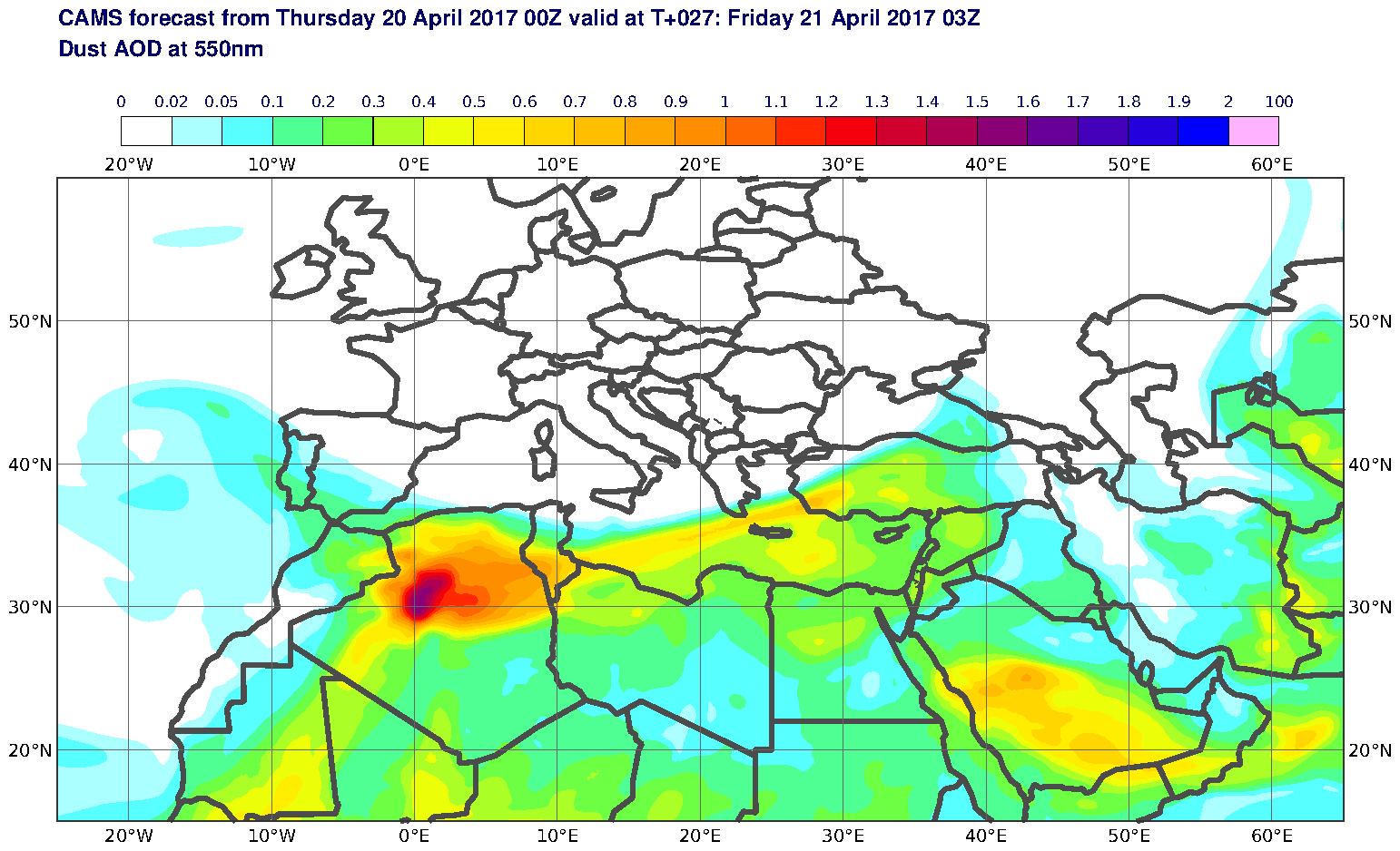Dust AOD at 550nm valid at T27 - 2017-04-21 03:00