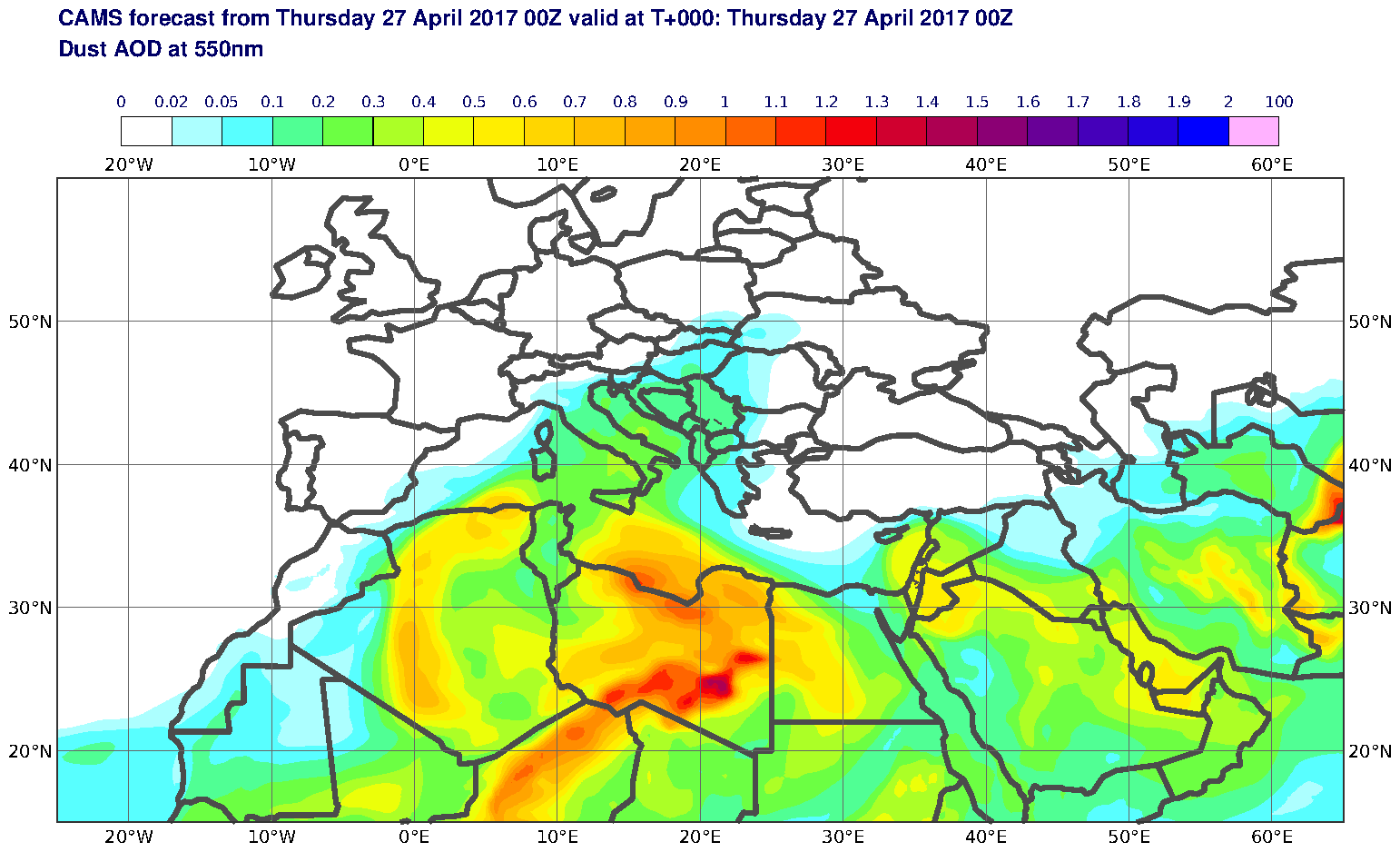 Dust AOD at 550nm valid at T0 - 2017-04-27 00:00