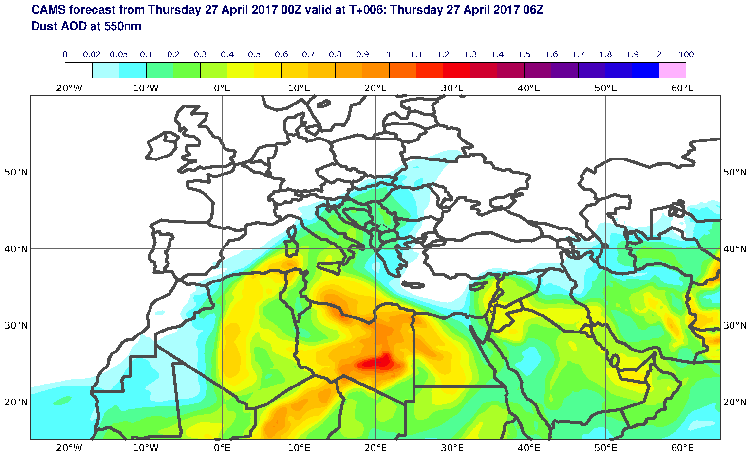 Dust AOD at 550nm valid at T6 - 2017-04-27 06:00