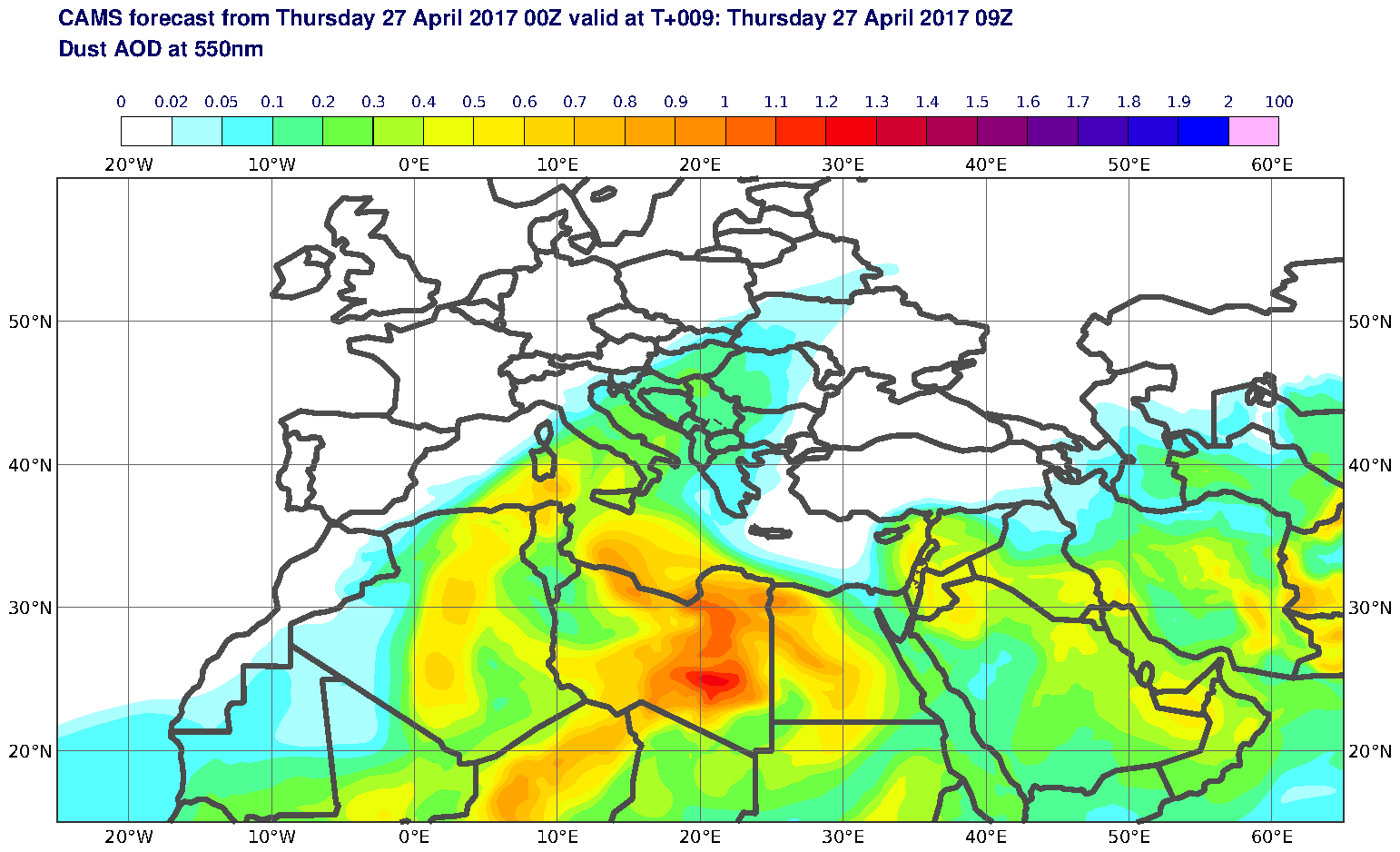 Dust AOD at 550nm valid at T9 - 2017-04-27 09:00