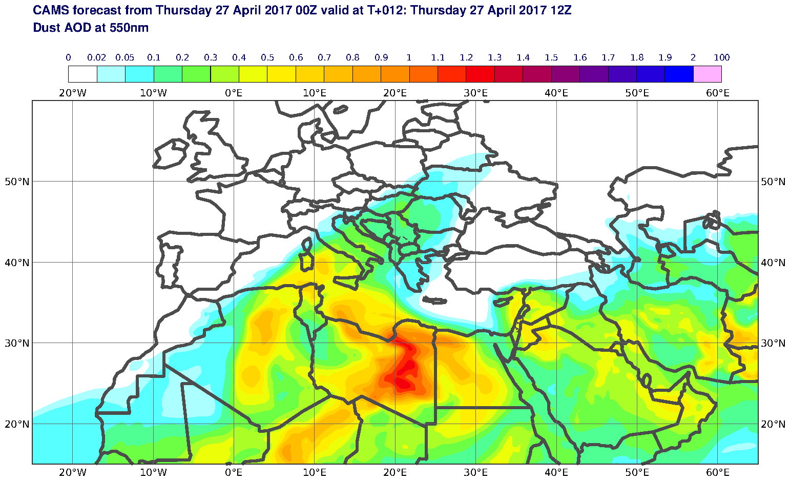 Dust AOD at 550nm valid at T12 - 2017-04-27 12:00