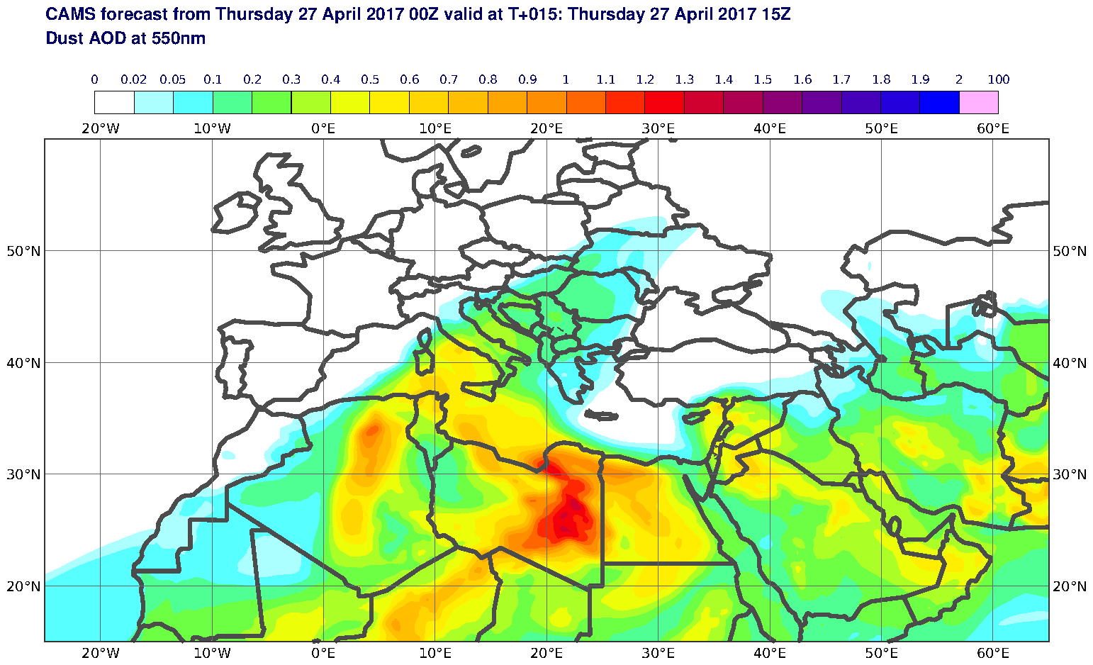 Dust AOD at 550nm valid at T15 - 2017-04-27 15:00