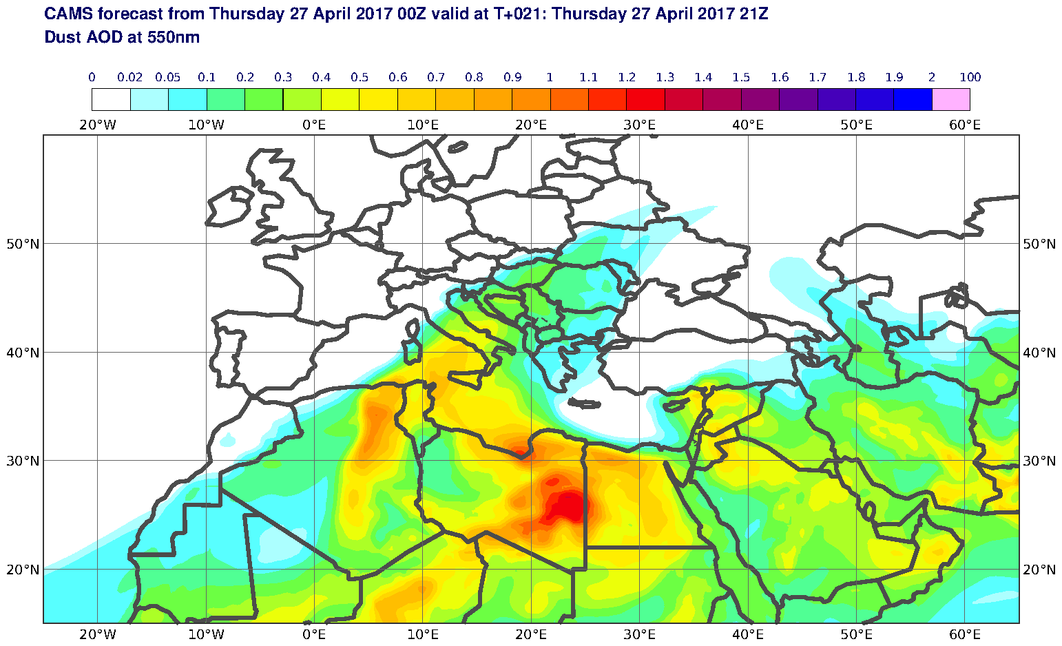 Dust AOD at 550nm valid at T21 - 2017-04-27 21:00
