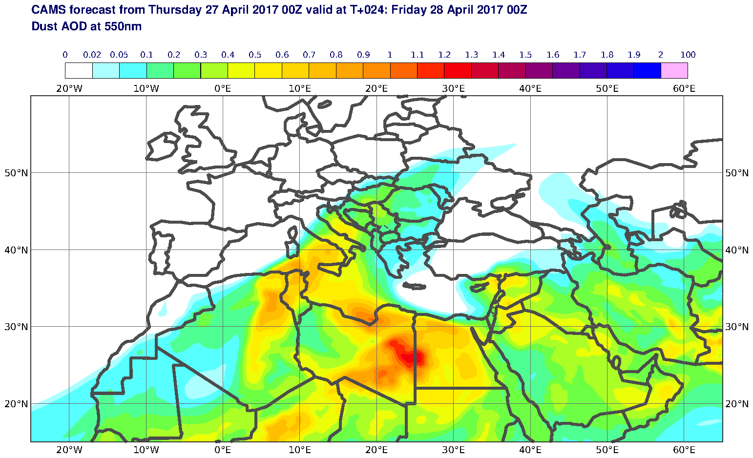 Dust AOD at 550nm valid at T24 - 2017-04-28 00:00