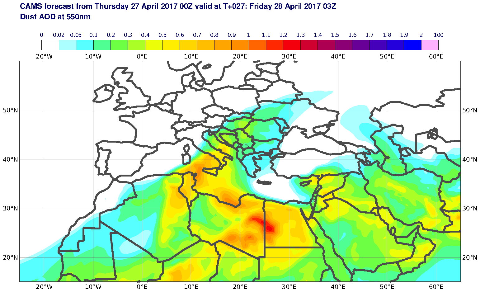 Dust AOD at 550nm valid at T27 - 2017-04-28 03:00