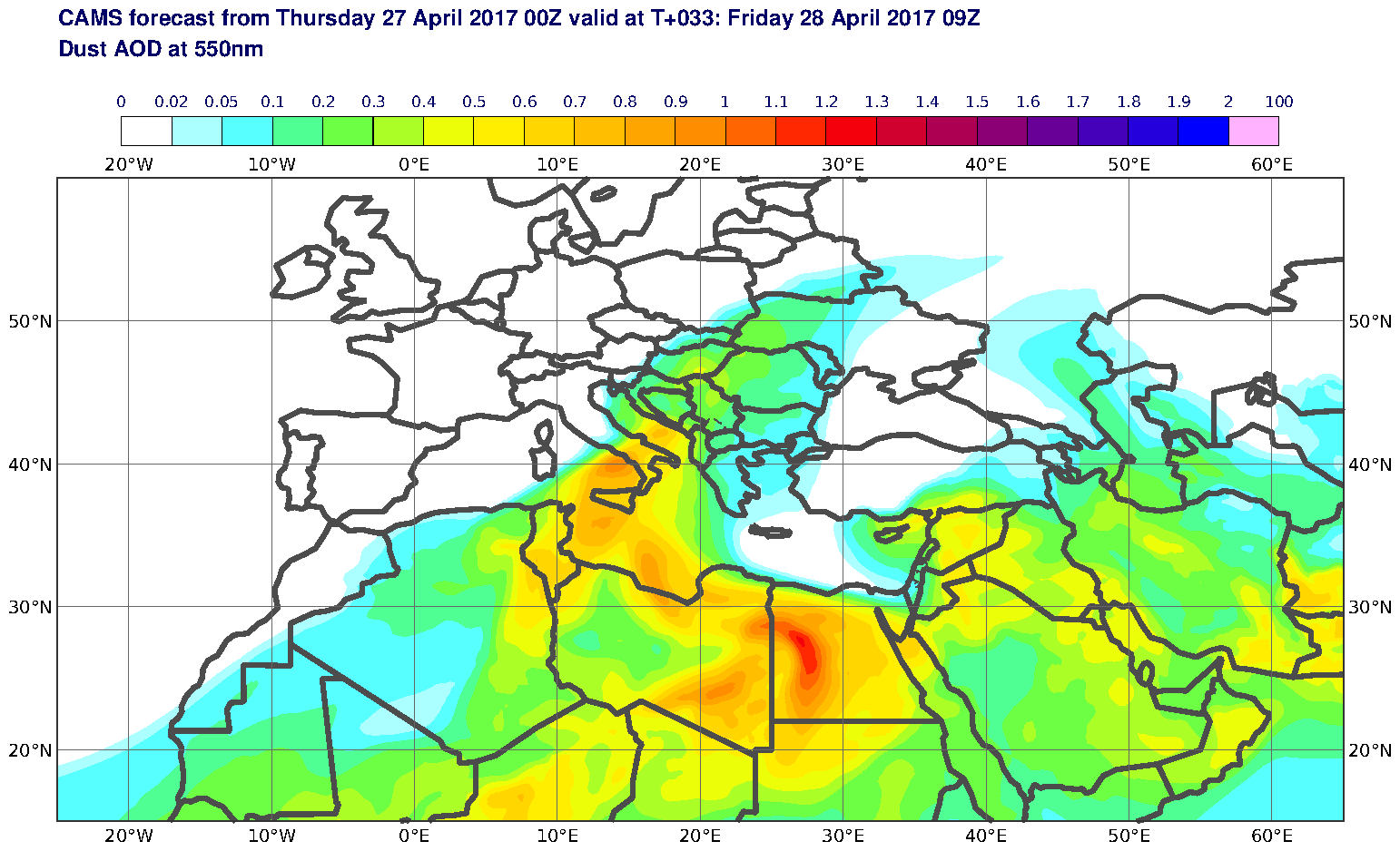 Dust AOD at 550nm valid at T33 - 2017-04-28 09:00