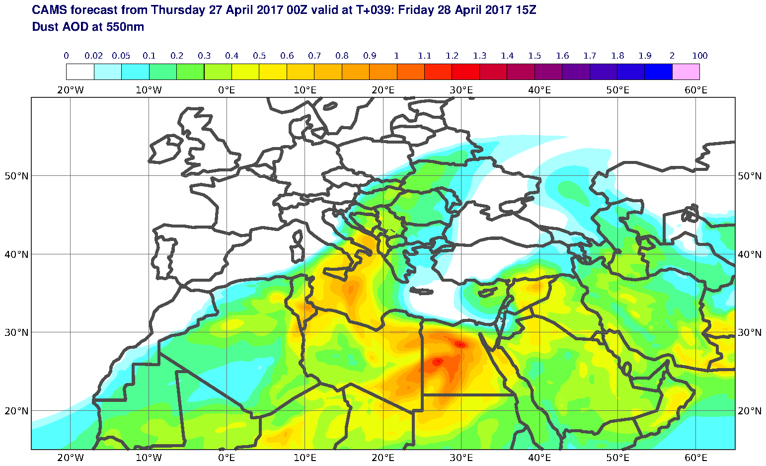 Dust AOD at 550nm valid at T39 - 2017-04-28 15:00